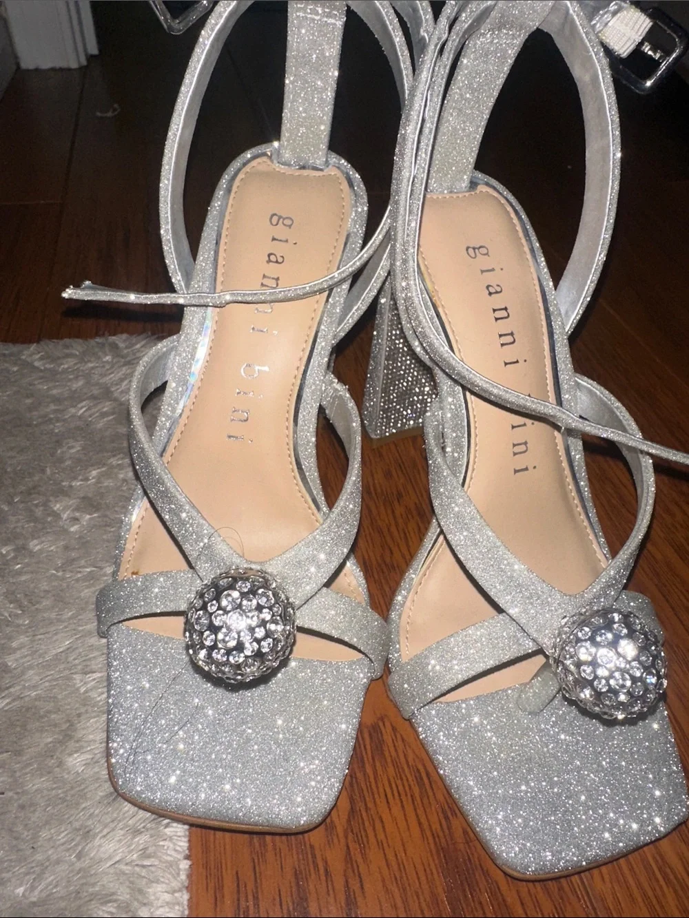 Gianni Bini Silver Glitter Strappy Block Heel Sandals with Crystal Accent